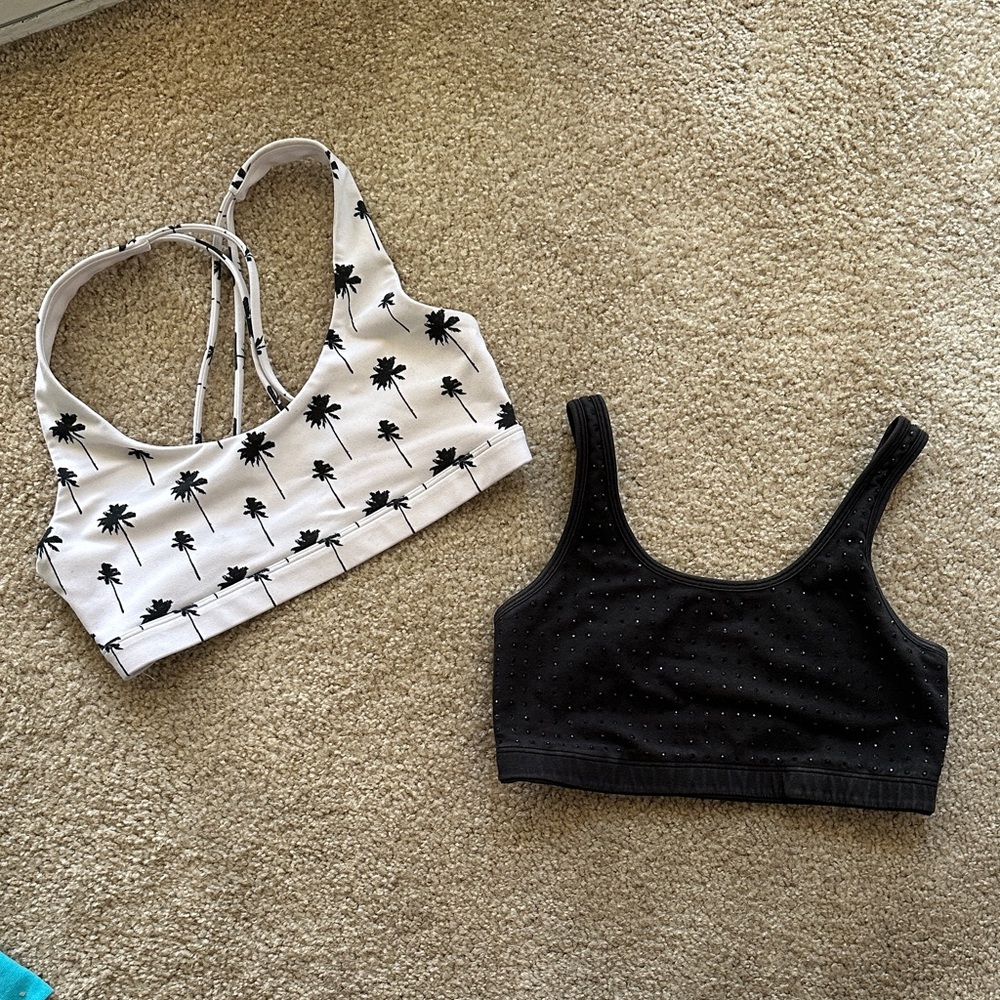Set of Two Women's Sports Bras - Black + White Palm Print, Black Rhinestones
